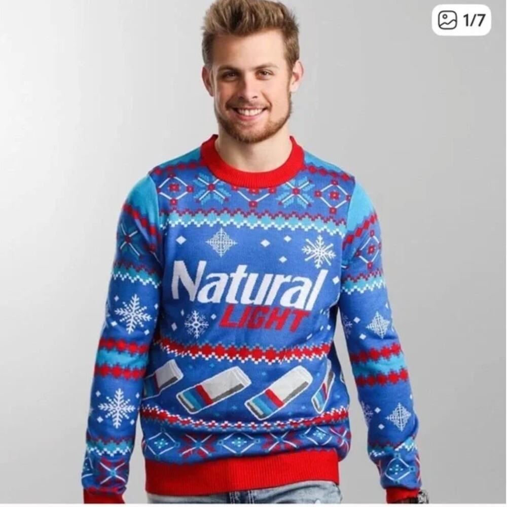 Tipsy Elves Natural Light Men's Parody Beer Christmas Holiday Sweater Large Blue